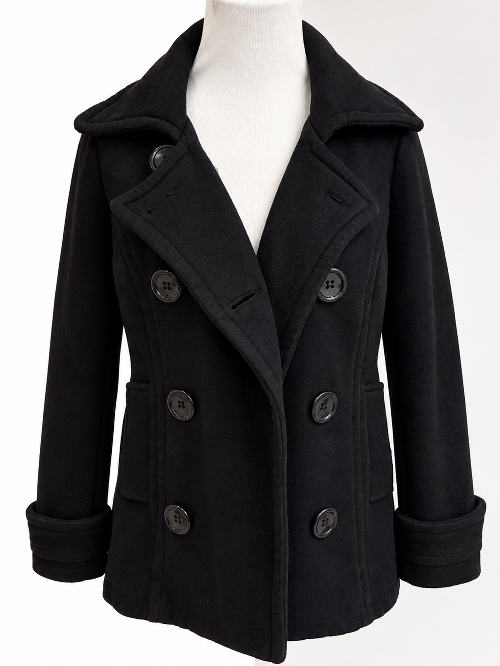 Love Culture Black Double-Breasted Soft Pea Coat Medium